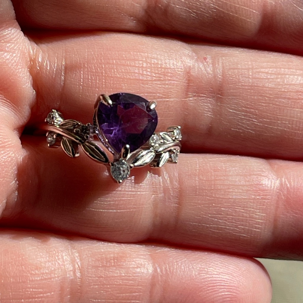 NWT Natural Purple Amethyst Pear Shape in 925 Silver with CZ Accents Size 7